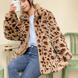 GETADME Winter 2025 Korean Version Loose Warm Lamb Hair women Short Coat Female Leopard Fur Plush Coat