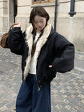 GETADME Winter Aesthetic Vintage Hooded Coat Women High Street Chic Warm Solid Lint Overcoat Female Design Casual Patchwork Jacket Coat