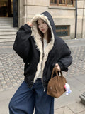 GETADME Winter Aesthetic Vintage Hooded Coat Women High Street Chic Warm Solid Lint Overcoat Female Design Casual Patchwork Jacket Coat