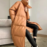 GETADME Winter Black Women's Down Leather Jacket Plush Warm Long Parkas New Thicken Loose Cotton PU Coat Female Casual Loose Outerwear