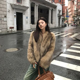 GETADME Winter Coat New Korean Fashion High End Fox Fur Coat for Women Winter Clothes V-neck Warm Brown Short Fur Jackets Women Tops