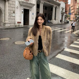GETADME Winter Coat New Korean Fashion High End Fox Fur Coat for Women Winter Clothes V-neck Warm Brown Short Fur Jackets Women Tops