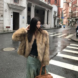 GETADME Winter Coat New Korean Fashion High End Fox Fur Coat for Women Winter Clothes V-neck Warm Brown Short Fur Jackets Women Tops