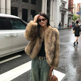 GETADME Winter Coat New Korean Fashion High End Fox Fur Coat for Women Winter Clothes V-neck Warm Brown Short Fur Jackets Women Tops