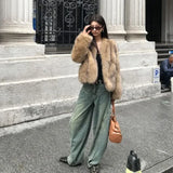 GETADME Winter Coat New Korean Fashion High End Fox Fur Coat for Women Winter Clothes V-neck Warm Brown Short Fur Jackets Women Tops