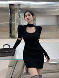 GETADME Winter Elegant Knitted Apricot Mini Dress Women Sexy Hollow Out Black Sweater Dress Autumn Vintage Casual Bodycon Dress New In
