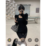 GETADME Winter Elegant Knitted Apricot Mini Dress Women Sexy Hollow Out Black Sweater Dress Autumn Vintage Casual Bodycon Dress New In