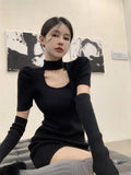 GETADME Winter Elegant Knitted Apricot Mini Dress Women Sexy Hollow Out Black Sweater Dress Autumn Vintage Casual Bodycon Dress New In