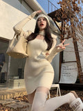GETADME Winter Elegant Knitted Apricot Mini Dress Women Sexy Hollow Out Black Sweater Dress Autumn Vintage Casual Bodycon Dress New In