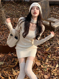 GETADME Winter Elegant Knitted Apricot Mini Dress Women Sexy Hollow Out Black Sweater Dress Autumn Vintage Casual Bodycon Dress New In
