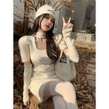 GETADME Winter Elegant Knitted Apricot Mini Dress Women Sexy Hollow Out Black Sweater Dress Autumn Vintage Casual Bodycon Dress New In