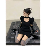 GETADME Winter Elegant Knitted Apricot Mini Dress Women Sexy Hollow Out Black Sweater Dress Autumn Vintage Casual Bodycon Dress New In