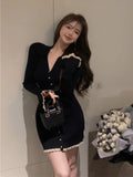 GETADME Winter Knit France Vintage One Piece Dress Women Sexy V-neck Elegant Sweater Mini Dress Female Korean Style Chic Dress 2025 New