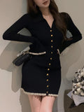 GETADME Winter Knit France Vintage One Piece Dress Women Sexy V-neck Elegant Sweater Mini Dress Female Korean Style Chic Dress 2025 New