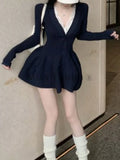 GETADME Winter Korean Fashion V Neck Knit Dress Women Designer Sweet Slim Sweater Dresses Female Retro Solid Y2k Knitted Dress New 2025