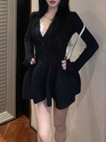 GETADME Winter Korean Fashion V Neck Knit Dress Women Designer Sweet Slim Sweater Dresses Female Retro Solid Y2k Knitted Dress New 2025