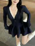 GETADME Winter Korean Fashion V Neck Knit Dress Women Designer Sweet Slim Sweater Dresses Female Retro Solid Y2k Knitted Dress New 2025