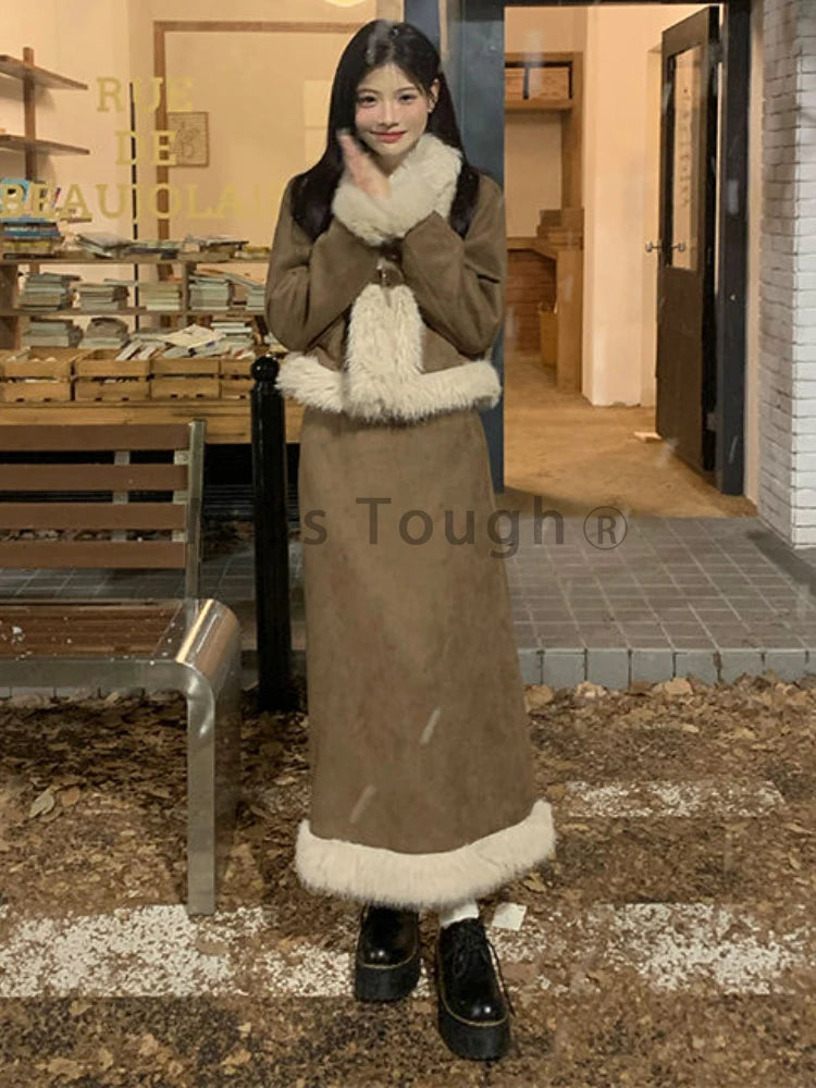 GETADME Winter Maillard Fashion 2 Piece Set Women Patchwork Y2k Vintage Skirt Suit Feamle Korean Style Retro Jacket+ Warm Skirt 2024 New