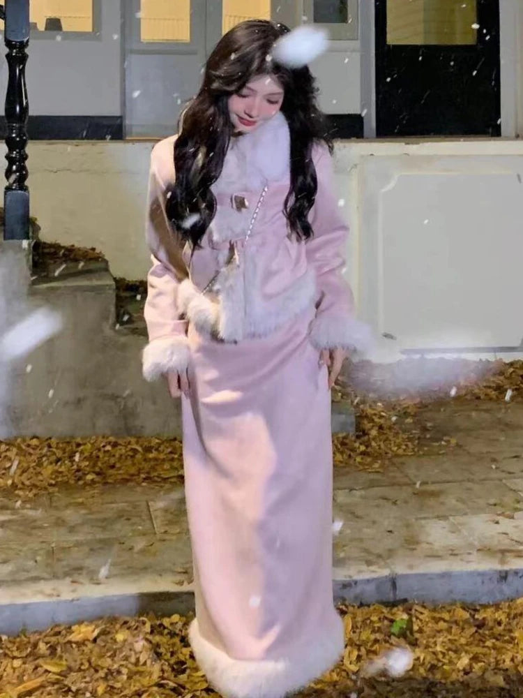 GETADME Winter Maillard Fashion 2 Piece Set Women Patchwork Y2k Vintage Skirt Suit Feamle Korean Style Retro Jacket+ Warm Skirt 2024 New
