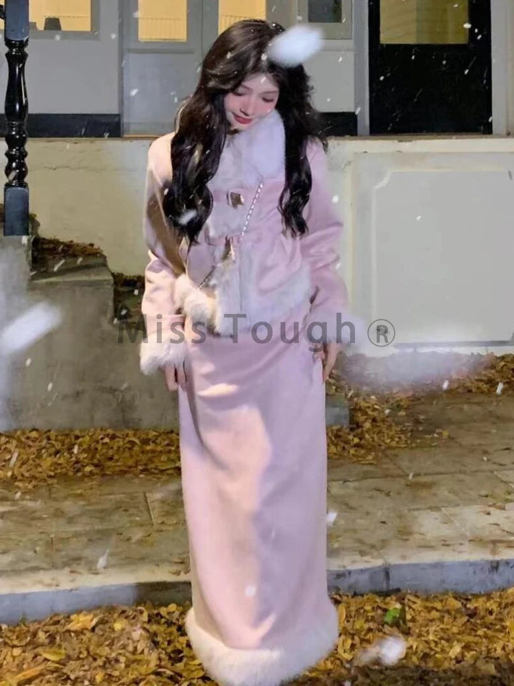 GETADME Winter Maillard Fashion 2 Piece Set Women Patchwork Y2k Vintage Skirt Suit Feamle Korean Style Retro Jacket+ Warm Skirt 2024 New