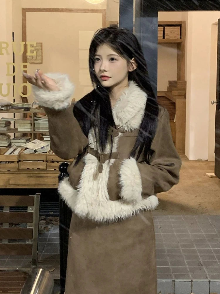 GETADME Winter Maillard Fashion 2 Piece Set Women Patchwork Y2k Vintage Skirt Suit Feamle Korean Style Retro Jacket+ Warm Skirt 2024 New