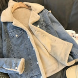 GETADME Winter Thicken Denim Jacket Women Two Sides Wearing Lamb Wool Outwear Female Loose Casual Warm Coat Lady Collar Long Sleeve Top