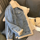 GETADME Winter Thicken Denim Jacket Women Two Sides Wearing Lamb Wool Outwear Female Loose Casual Warm Coat Lady Collar Long Sleeve Top