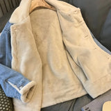 GETADME Winter Thicken Denim Jacket Women Two Sides Wearing Lamb Wool Outwear Female Loose Casual Warm Coat Lady Collar Long Sleeve Top
