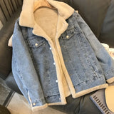 GETADME Winter Thicken Denim Jacket Women Two Sides Wearing Lamb Wool Outwear Female Loose Casual Warm Coat Lady Collar Long Sleeve Top
