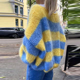 GETADME Winter Thickness Knitted Sweater Colorful Furry Elegant Crew-neck Long Sleeve Knit Long Cardigan Autumn Women Jacket Office