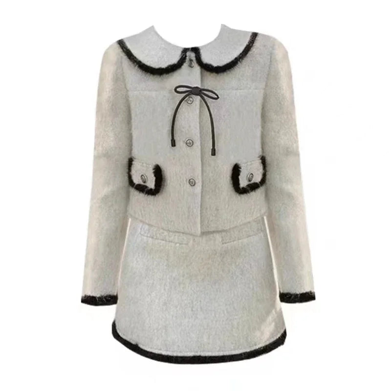 GETADME Winter Vintage Elegant Warm Two Piece Set Women Patchwork Kawaii Chic Skirt Suit Female Korean Bow Fur Coat + Mini Skirt 2025