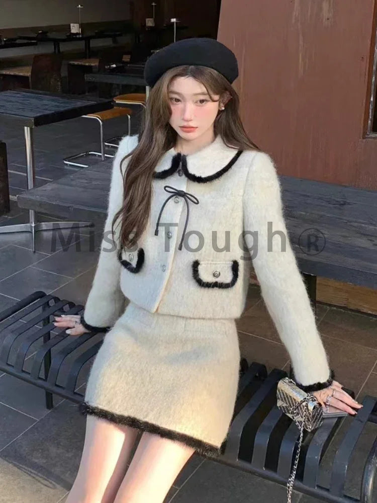 GETADME Winter Vintage Elegant Warm Two Piece Set Women Patchwork Kawaii Chic Skirt Suit Female Korean Bow Fur Coat + Mini Skirt 2025