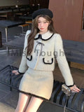 GETADME Winter Vintage Elegant Warm Two Piece Set Women Patchwork Kawaii Chic Skirt Suit Female Korean Bow Fur Coat + Mini Skirt 2025