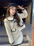 GETADME Winter Vintage Elegant Warm Two Piece Set Women Patchwork Kawaii Chic Skirt Suit Female Korean Bow Fur Coat + Mini Skirt 2025