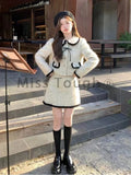 GETADME Winter Vintage Elegant Warm Two Piece Set Women Patchwork Kawaii Chic Skirt Suit Female Korean Bow Fur Coat + Mini Skirt 2025