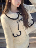 GETADME Winter Vintage Elegant Warm Two Piece Set Women Patchwork Kawaii Chic Skirt Suit Female Korean Bow Fur Coat + Mini Skirt 2025