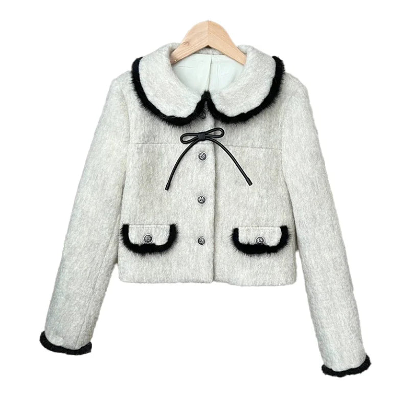 GETADME Winter Vintage Elegant Warm Two Piece Set Women Patchwork Kawaii Chic Skirt Suit Female Korean Bow Fur Coat + Mini Skirt 2025