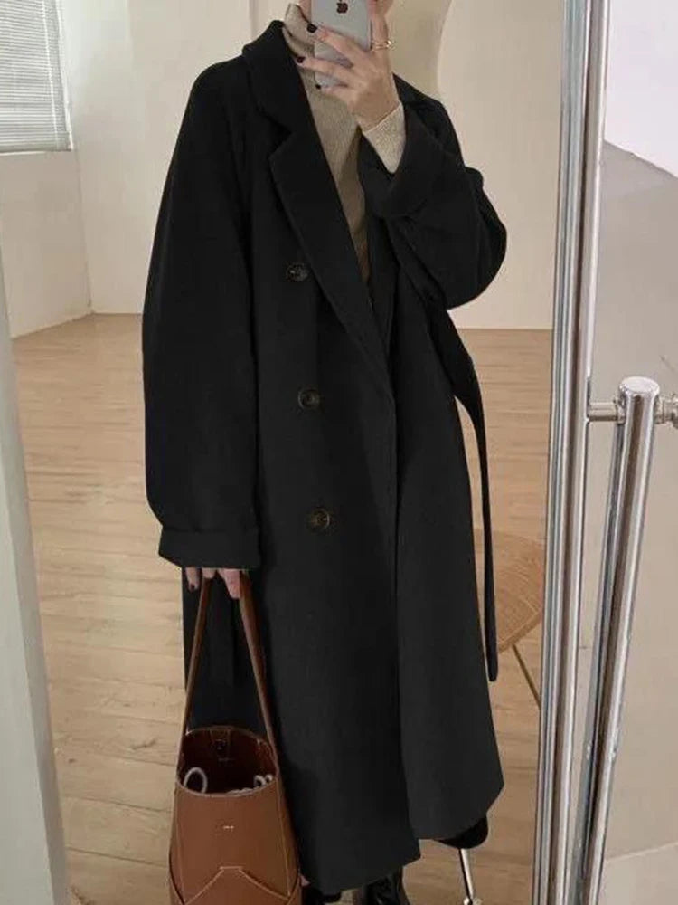 GETADME Winter Woolen Coat Women Thicken Long Jacket Casual Loose Fashion Windbreaker Outerwear Female Vintage Oversize Lapel Streetwear