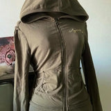 GETADME Winter Y2K Aesthetic Olive Green Hooded Women 90s Vintage High Street Letter Print 2025 New Sweatshirt Hoodies Zip-up Femme Tops
