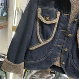 GETADME With Fur Plush Short Denim Jacket for Women Padded Small Woman Jean Coat Warm Winter 2024 Cold Crop Outerwear Wool Inside New In