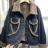 GETADME With Fur Plush Short Denim Jacket for Women Padded Small Woman Jean Coat Warm Winter 2024 Cold Crop Outerwear Wool Inside New In
