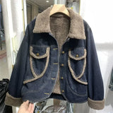 GETADME With Fur Plush Short Denim Jacket for Women Padded Small Woman Jean Coat Warm Winter 2024 Cold Crop Outerwear Wool Inside New In