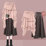 GETADME Women 2025 Autumn/Winter New Chic Dress Matching Set Korean Elegant Irregular Knit Sweater+High Waist Midi Skirt Two Piece Suit