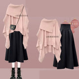 GETADME Women 2025 Autumn/Winter New Chic Dress Matching Set Korean Elegant Irregular Knit Sweater+High Waist Midi Skirt Two Piece Suit