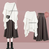 GETADME Women 2025 Autumn/Winter New Chic Dress Matching Set Korean Elegant Irregular Knit Sweater+High Waist Midi Skirt Two Piece Suit
