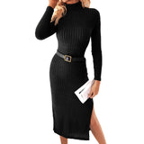 GETADME Women 2025 Fall And Winter Fashion Casual Long Sleeve Dress High Neck Side Slit Knitted Striped Texture Solid Color Long Dress