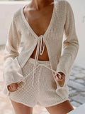 GETADME Women 2025 Spring Hollow Out Pants Set Elegant Lace Up Solid Color V-Neck Casual Two Piece Sets Vacation Beach New Outfits A3140