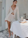 GETADME Women 2025 Spring Hollow Out Pants Set Elegant Lace Up Solid Color V-Neck Casual Two Piece Sets Vacation Beach New Outfits A3140