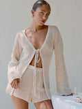 GETADME Women 2025 Spring Hollow Out Pants Set Elegant Lace Up Solid Color V-Neck Casual Two Piece Sets Vacation Beach New Outfits A3140