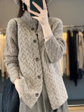 GETADME Women Autumn Winter New Cashmere Wool Sweater Half-high Collar Twisted Knitted Cardigan Casual Knit Thick Jacket Loose Tops